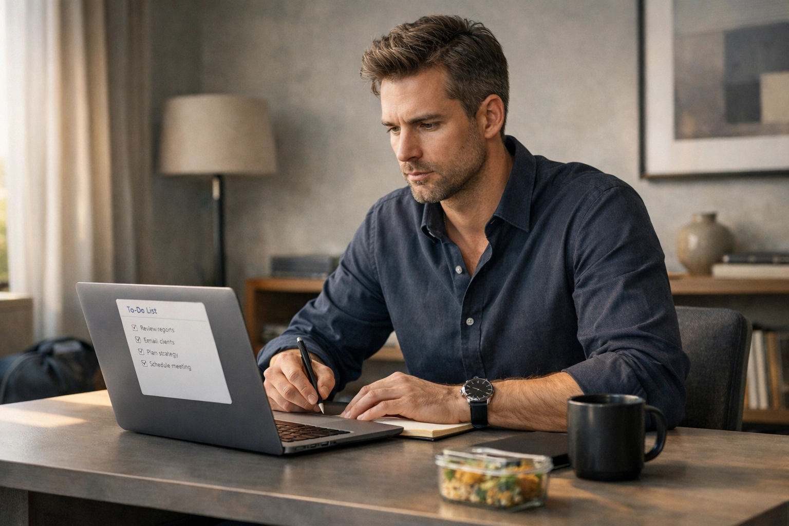 Modern entrepreneur in a state of flow and mental clarity at a clean, minimalist desk with a subtle healthy-lifestyle hint nearby