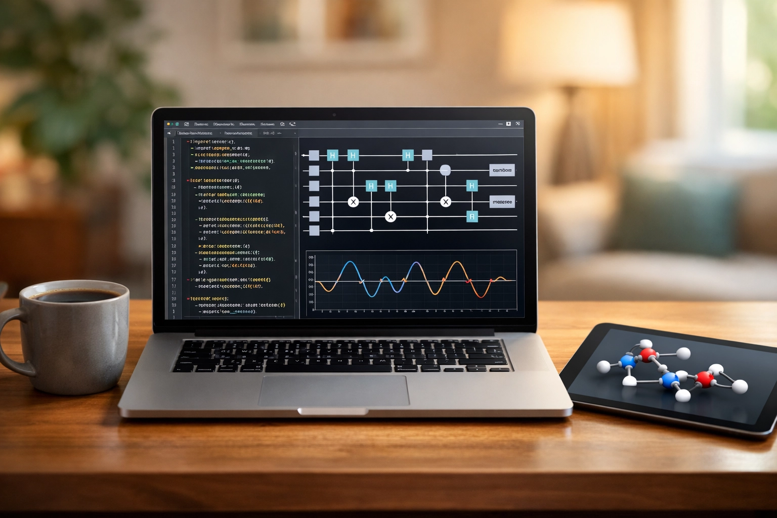 Person using a quantum computing simulator and circuit diagram on a laptop in a home office setting.