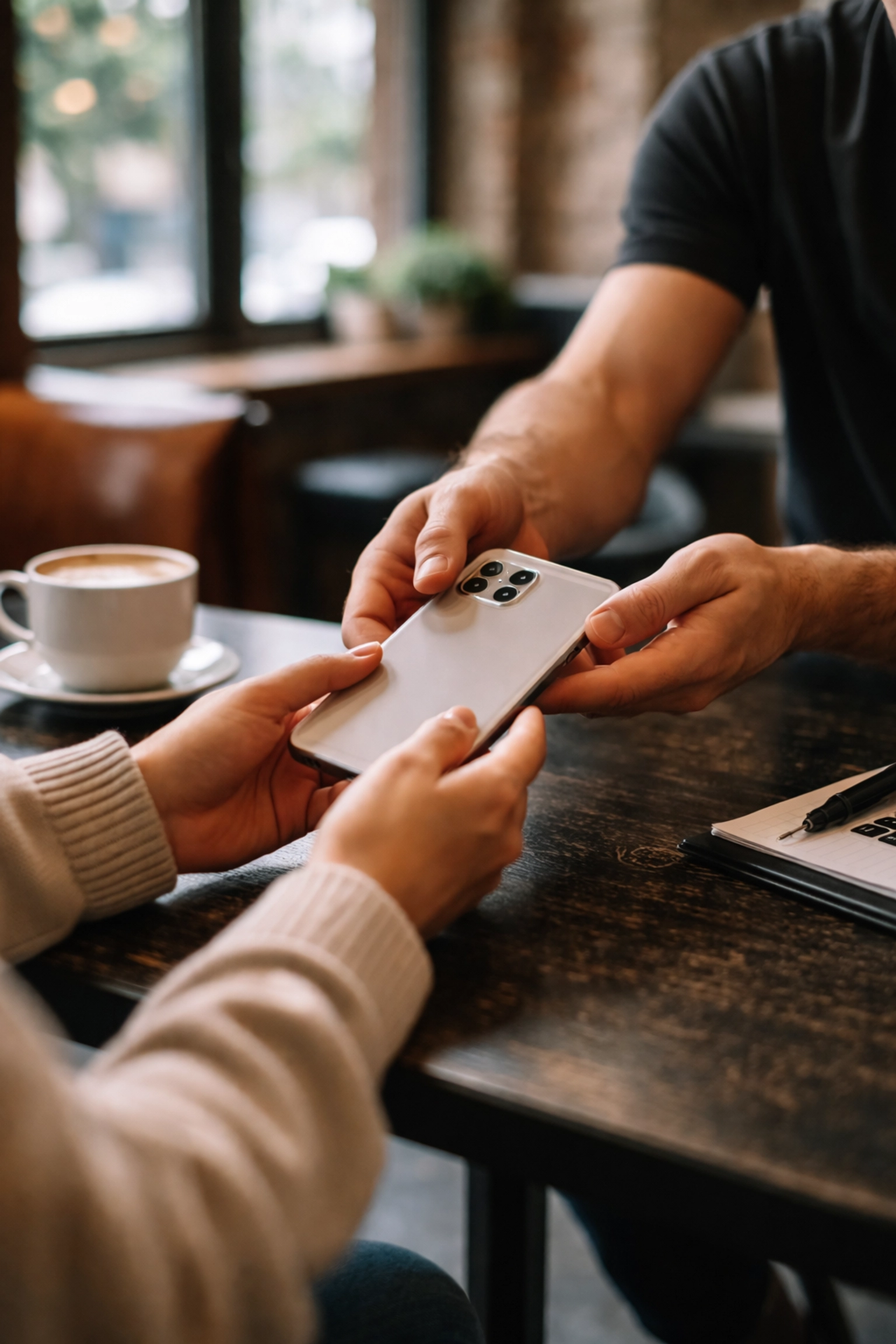 Customer receiving a repaired iPhone from a technician in a Brooklyn coffee shop, showcasing mobile phone repair services in NYC