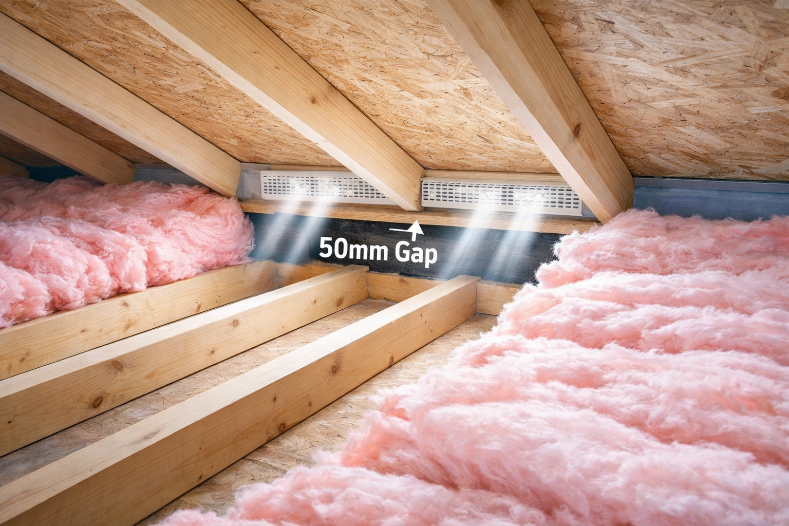 Loft insulation pulled back from eaves creating proper ventilation gap to prevent condensation