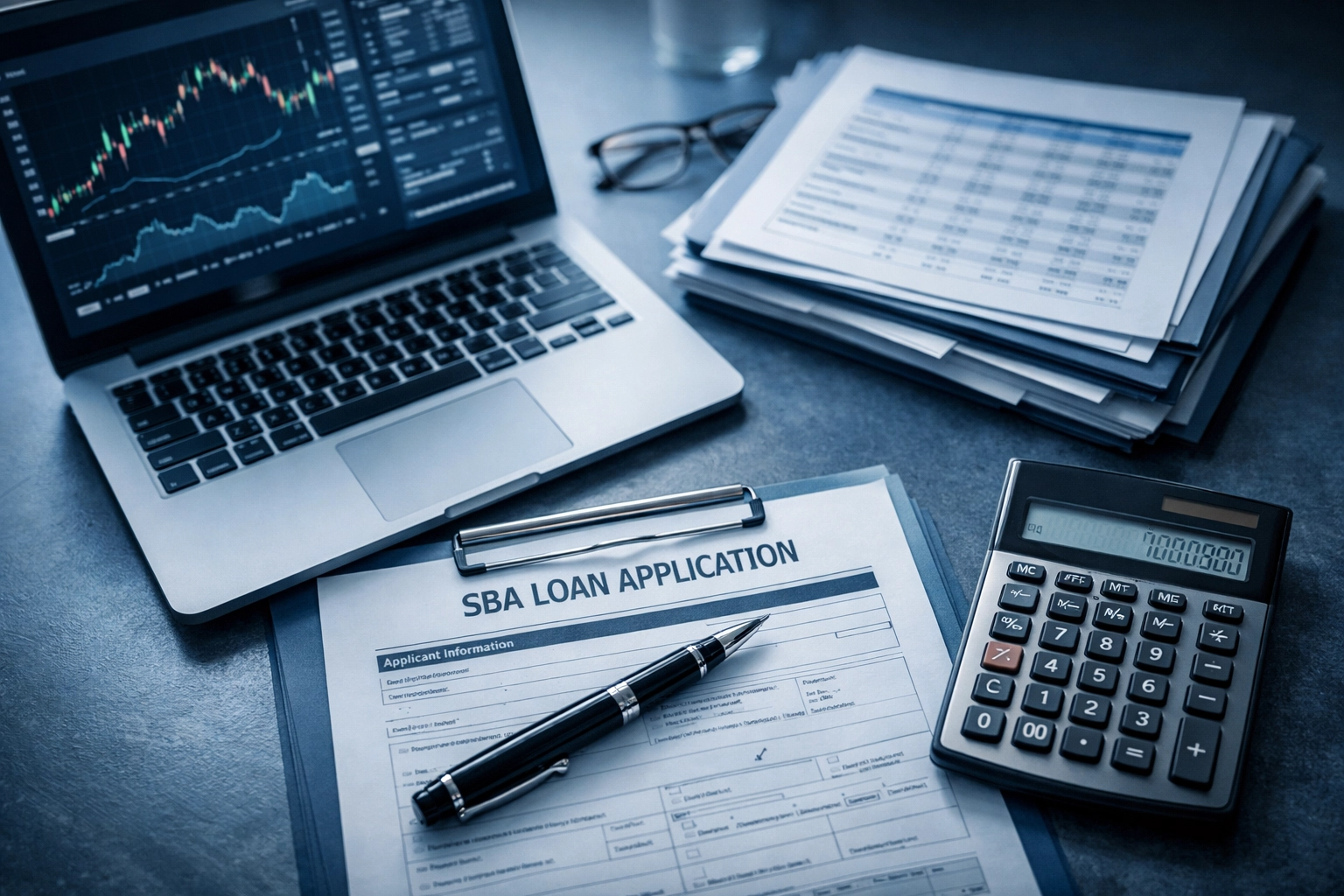 SBA loan application documents and financial charts on banker's desk for small business sale