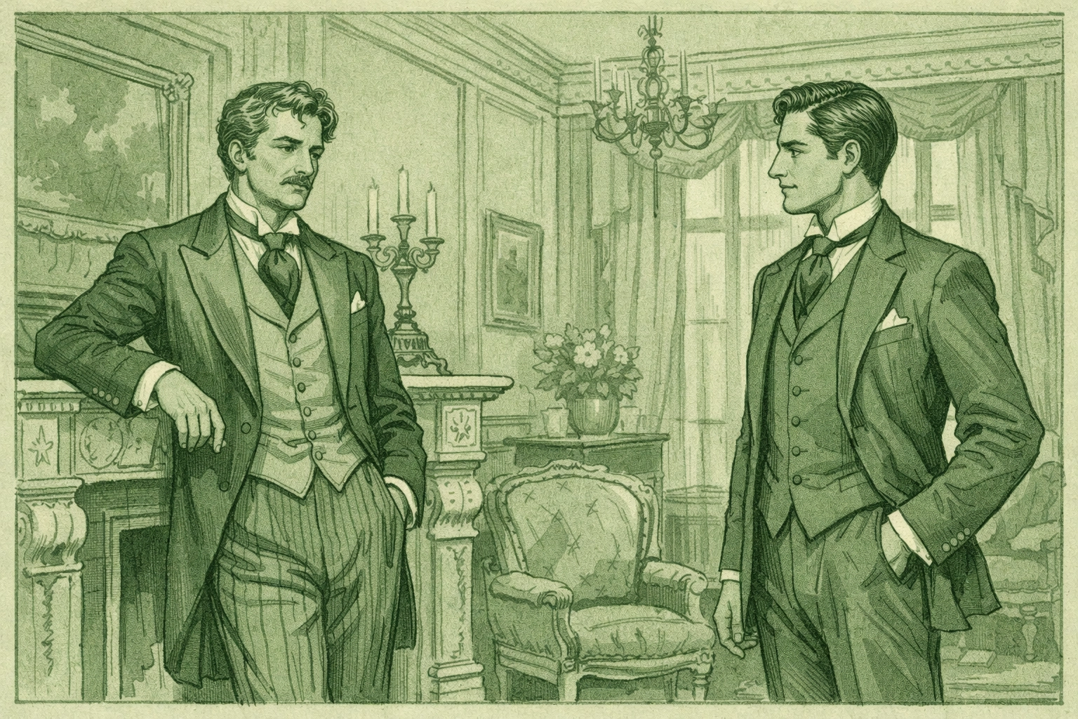 Victorian nobleman meets wealthy merchant's son in ornate drawing room for arranged marriage discussion