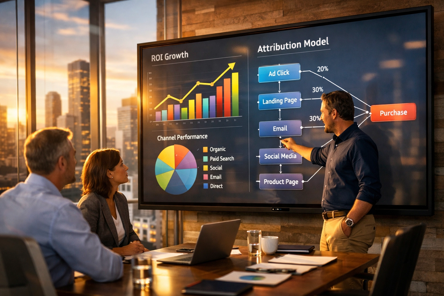 Business team analyzing sports sponsorship ROI data and attribution models on interactive display screen