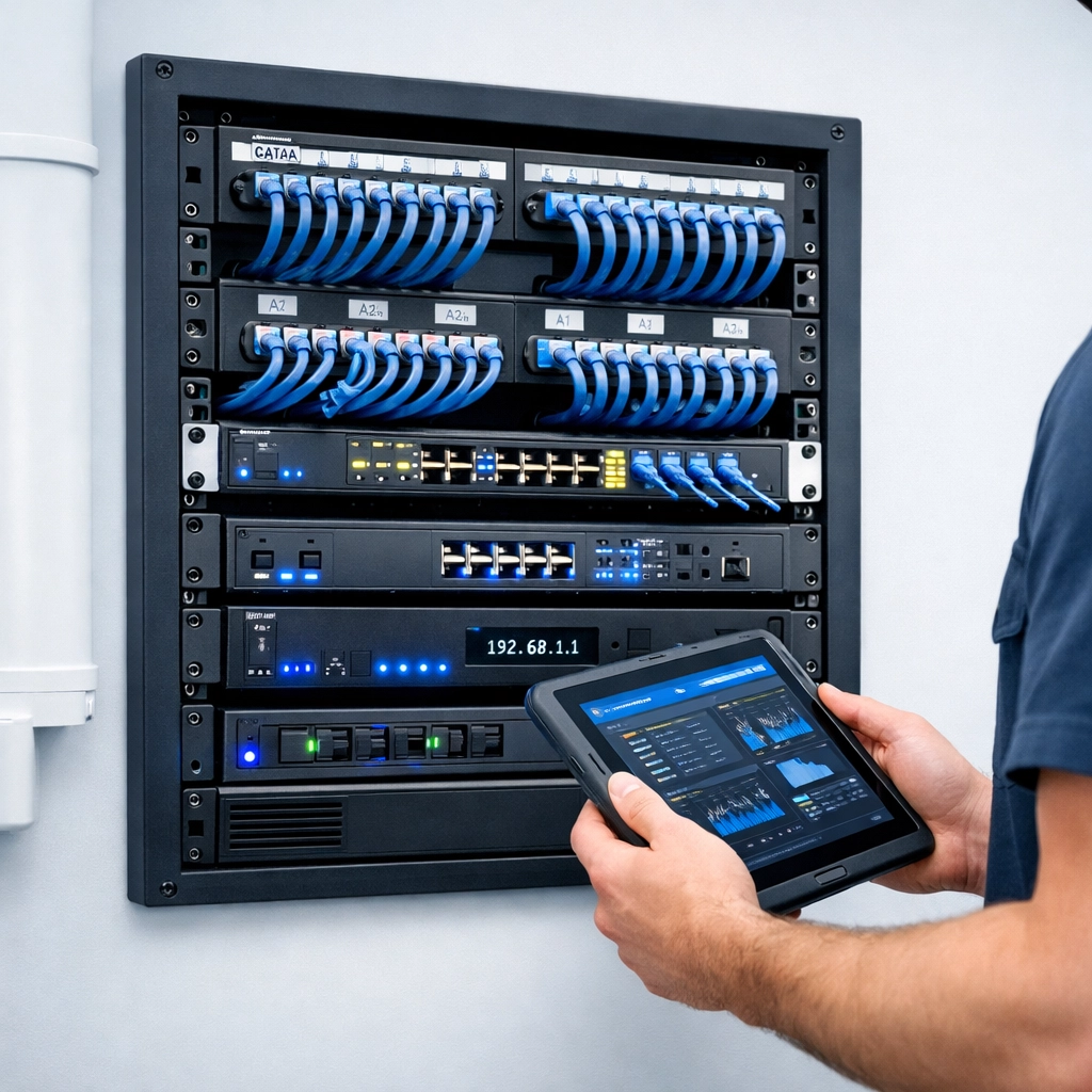 Expertly organized network rack with Cat6a cabling ensuring high-speed internet for a multi-story house.