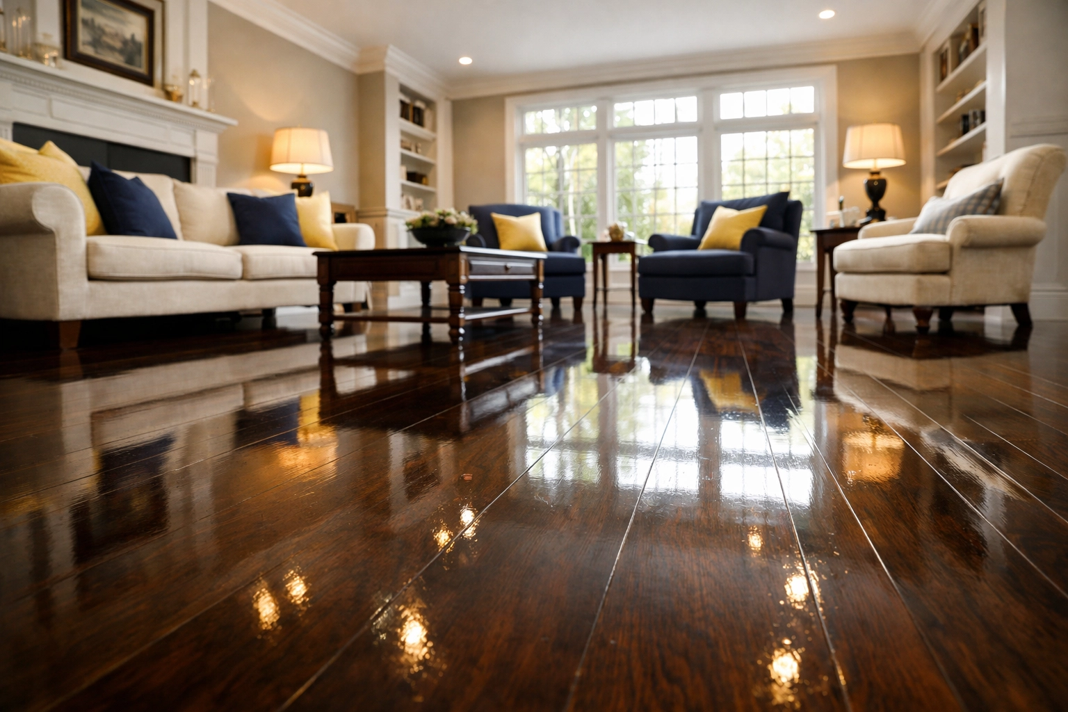 Spotless polished hardwood floors reflecting high-quality deep cleaning services in a Massachusetts home.