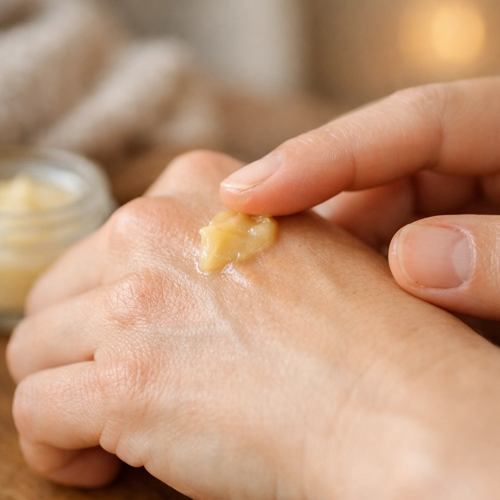 A hand applying golden beef tallow and honey balm to dry skin for natural hydration and a healthy glow.