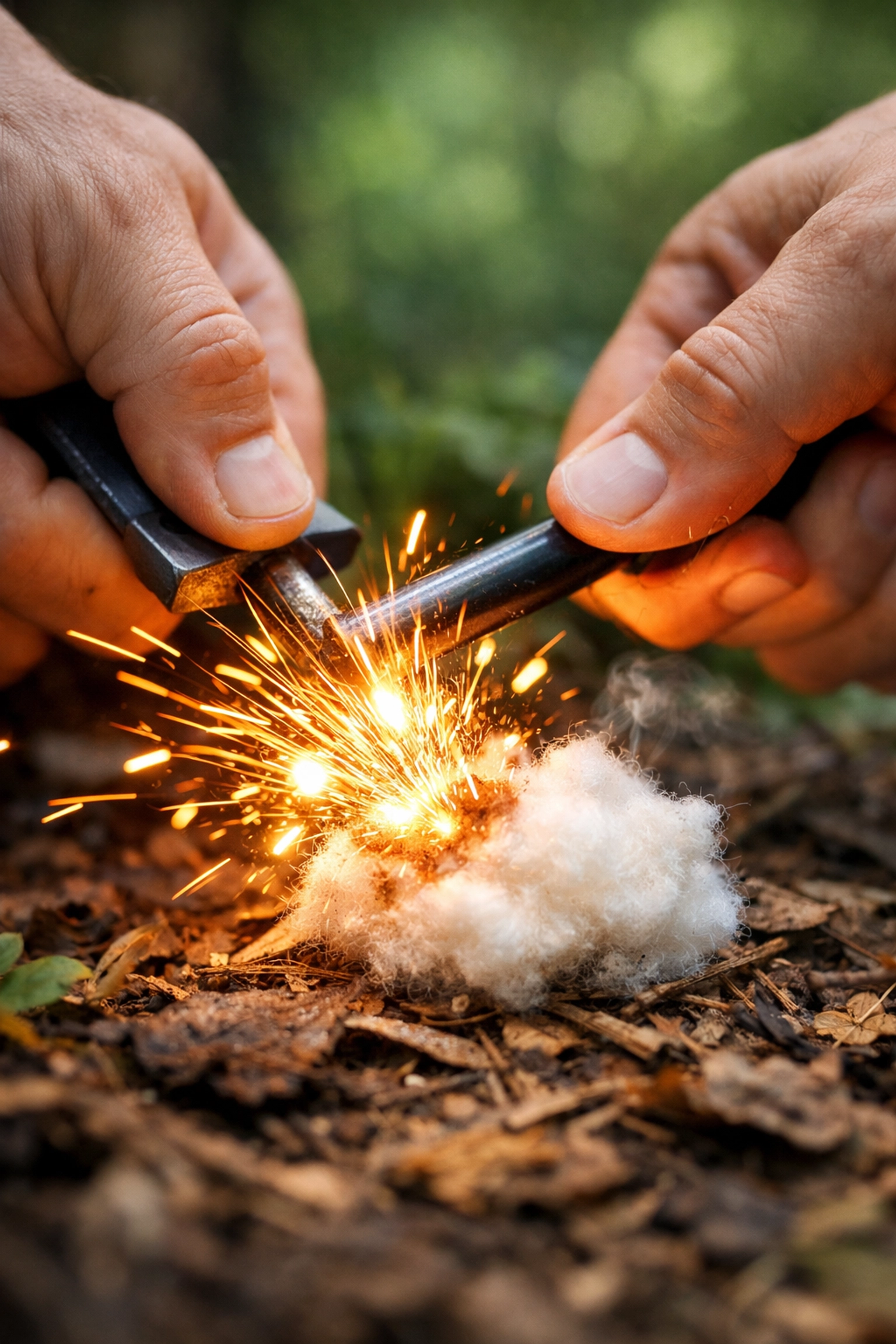 Demonstrating the pull technique with a ferro rod to create sparks for bushcraft fire starting.