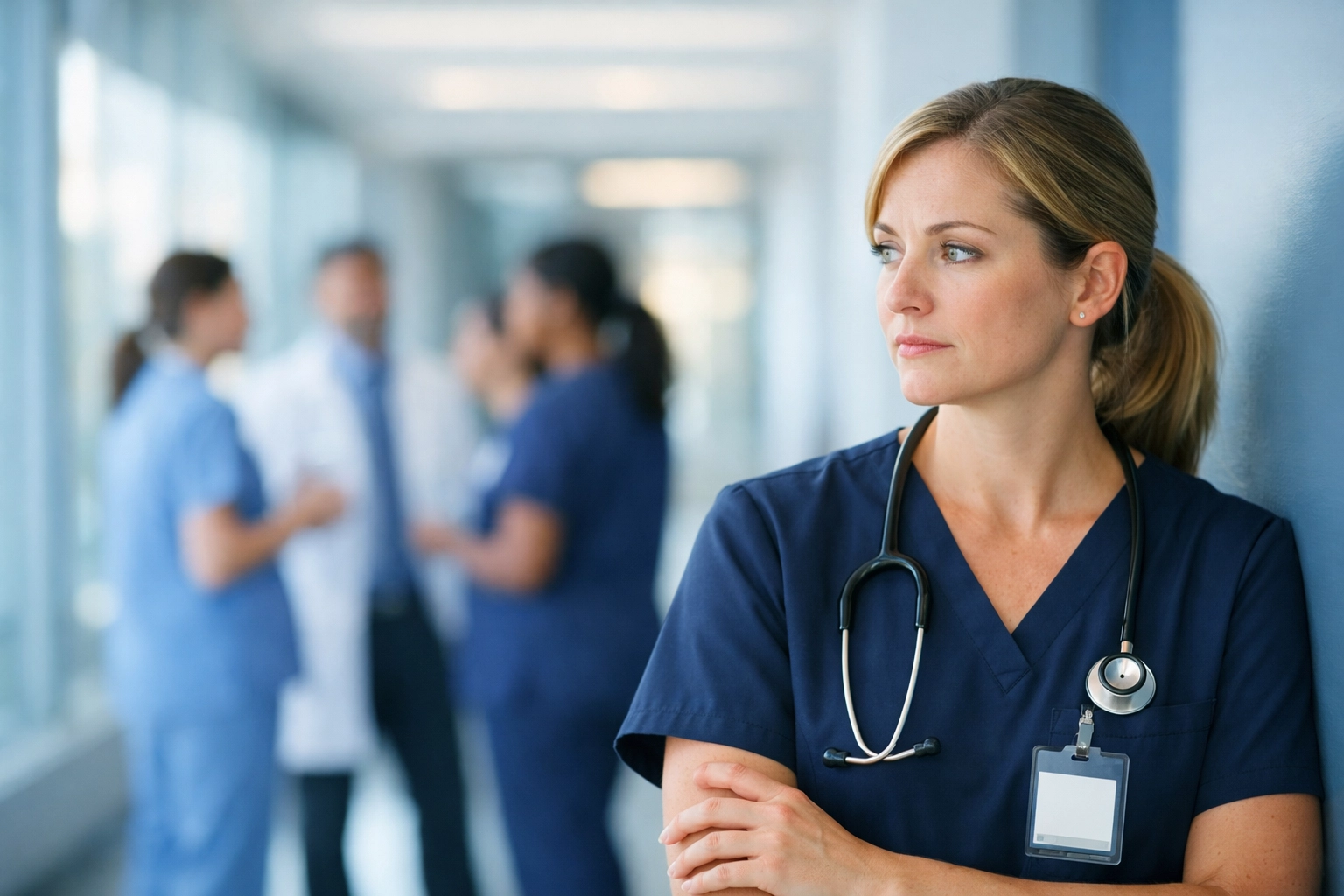 Healthcare professional hesitating to speak up in a hospital hallway, illustrating the risks of low psychological safety.
