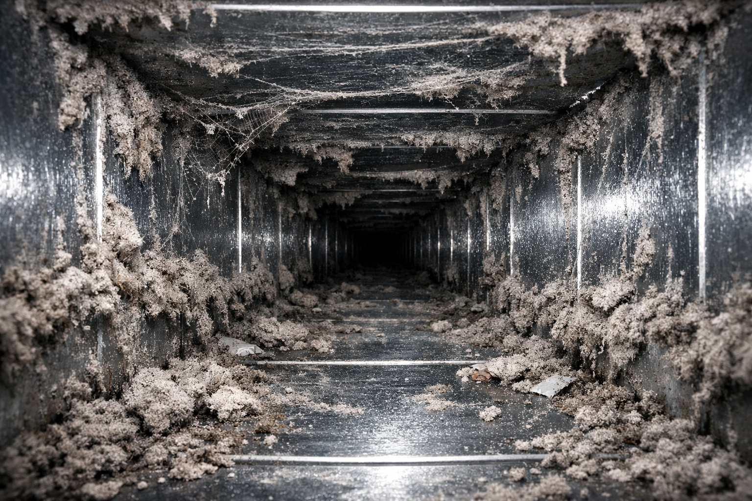 Interior view of dirty air duct showing dust buildup and debris