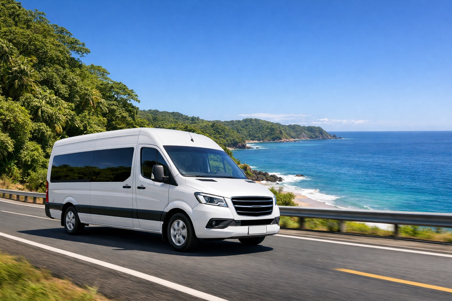Modern private transfer Liberia airport van driving along a scenic Guanacaste coastal highway with ocean views.
