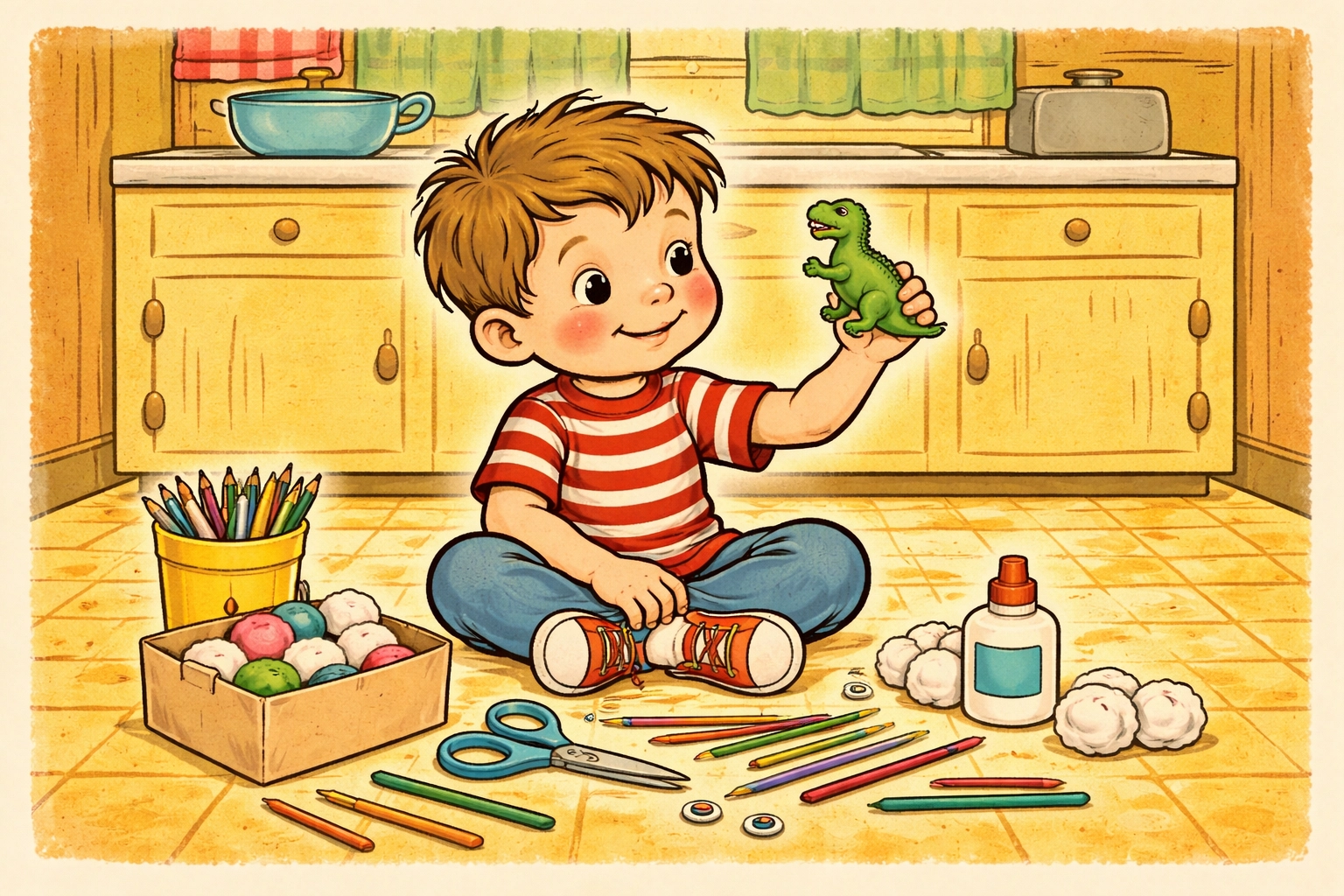 Child sitting on kitchen floor holding a toy dinosaur, surrounded by supplies for building an egg-drop cushion for toys