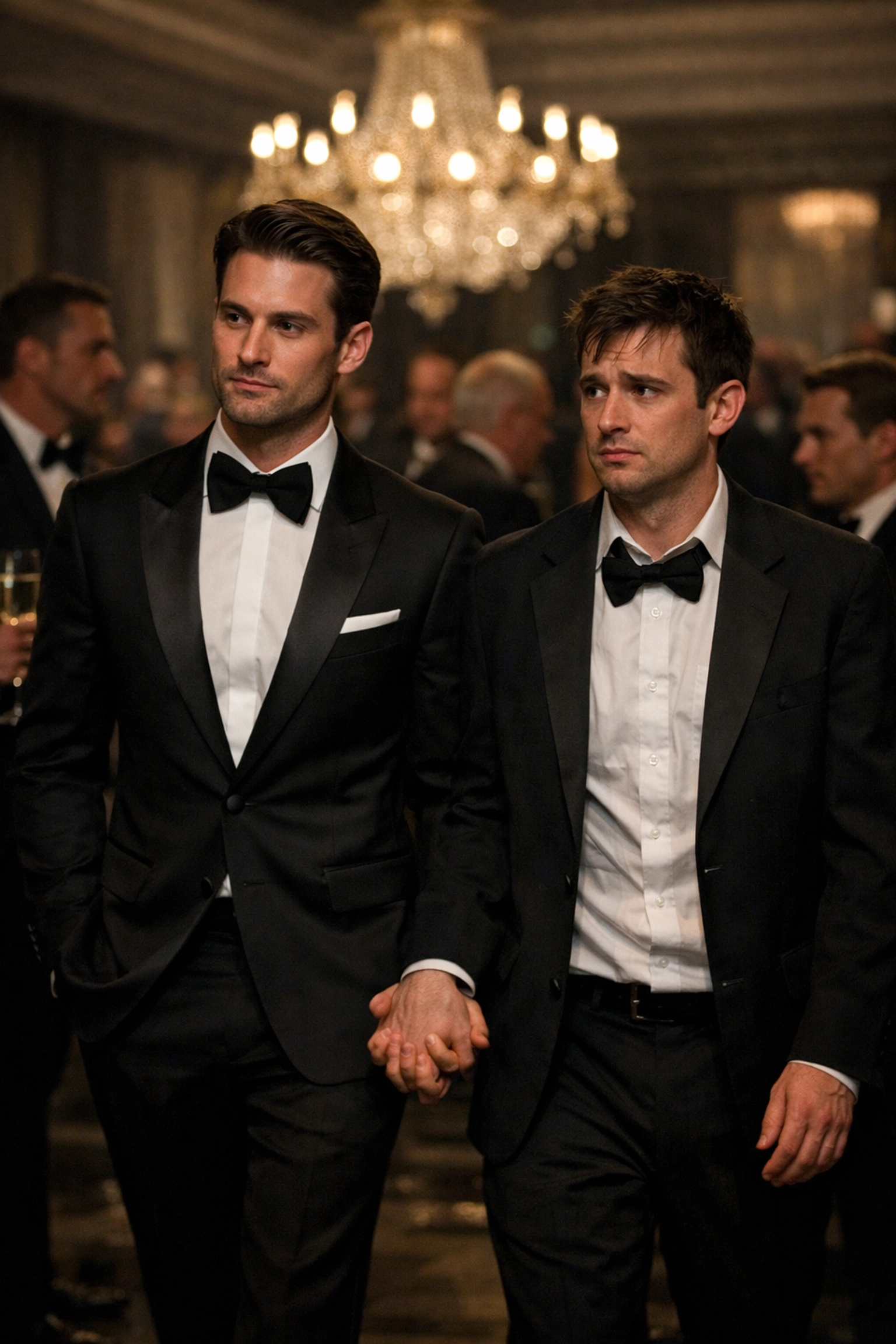 Gay couple at formal charity gala navigating class differences and social expectations together