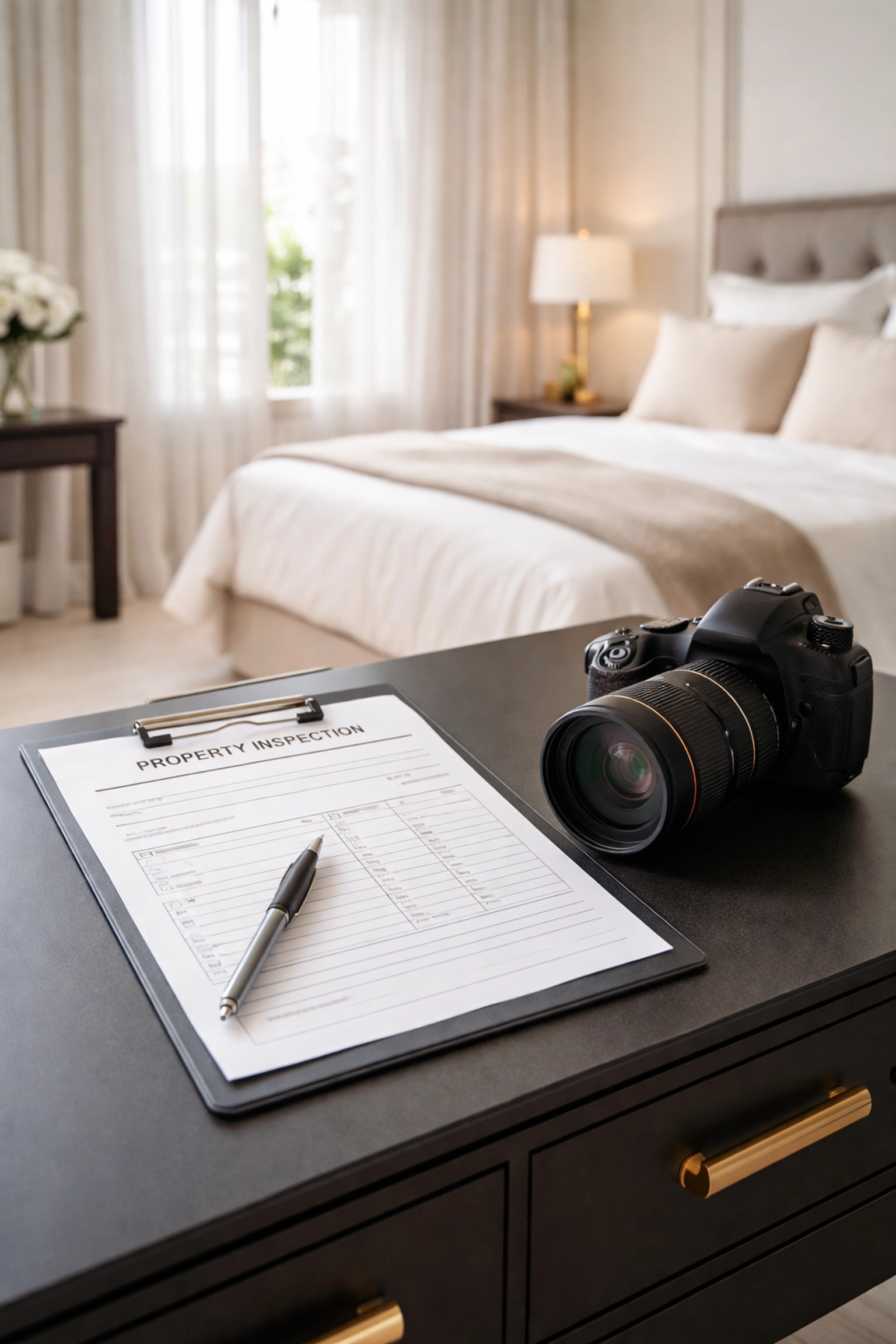 Property inspection scene with detailed documentation and professional setup, illustrating thorough inventory services for landlords and agencies.