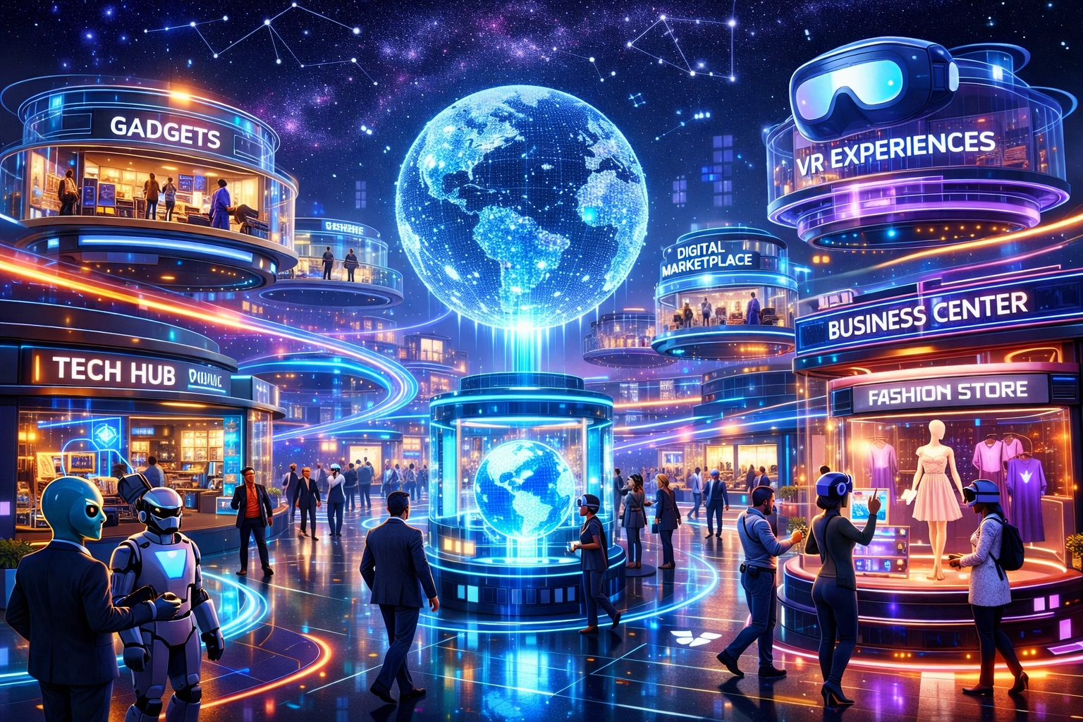 Global metaverse shopping plaza featuring floating storefronts and a connected B2B2C virtual marketplace.