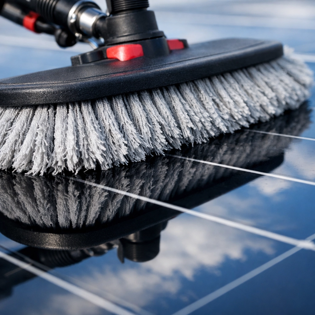 Close-up of a professional soft-bristle cleaning brush on a high-efficiency solar panel.