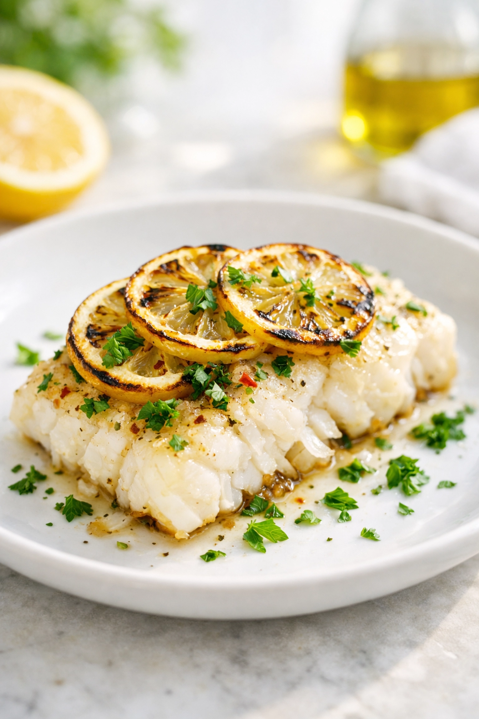 10 Healthy 5-Ingredient Meals for Weeknights Healthy 5-ingredient baked cod fillet with charred lemon and fresh parsley on a white plate.