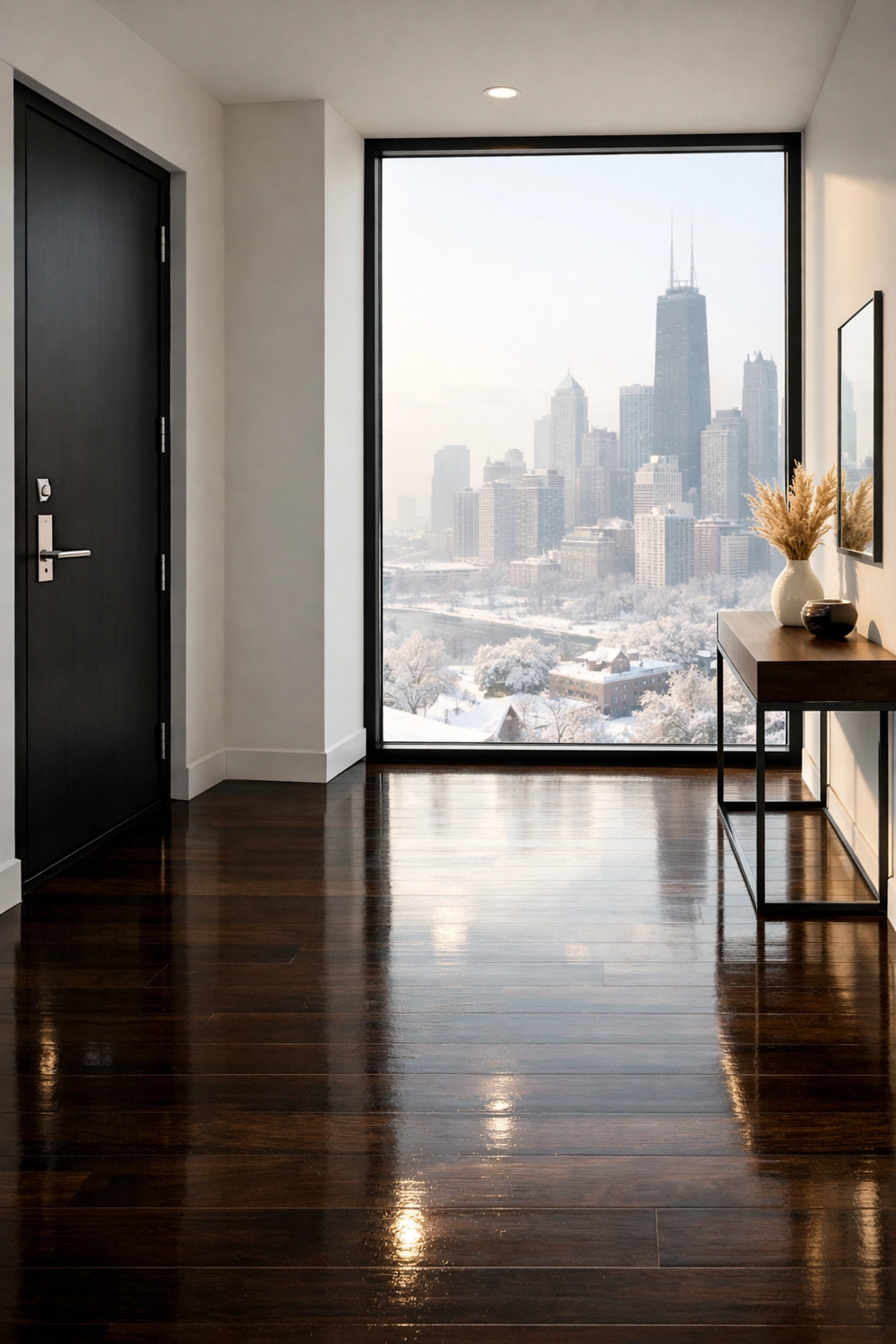 Clean apartment entryway in Chicago with polished hardwood floors ready for tenant turnover.