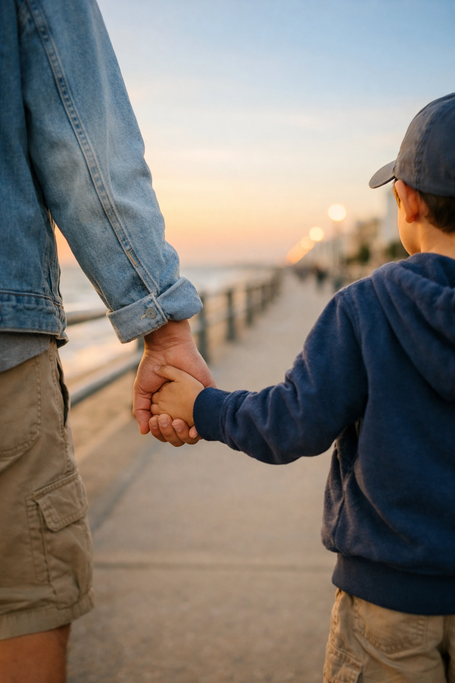 Parent and child walking together on Virginia Beach boardwalk after custody resolution