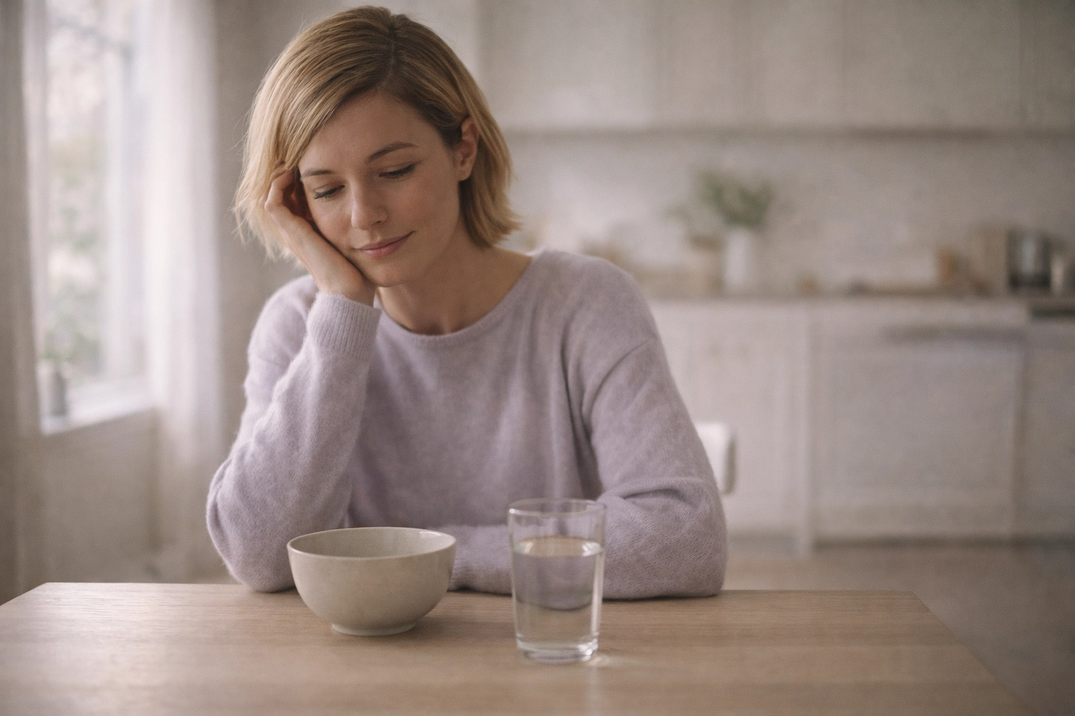 A person sitting at a light wood kitchen table in a calm, sun-drenched room with soft, natural lighting and a neutral color palette.