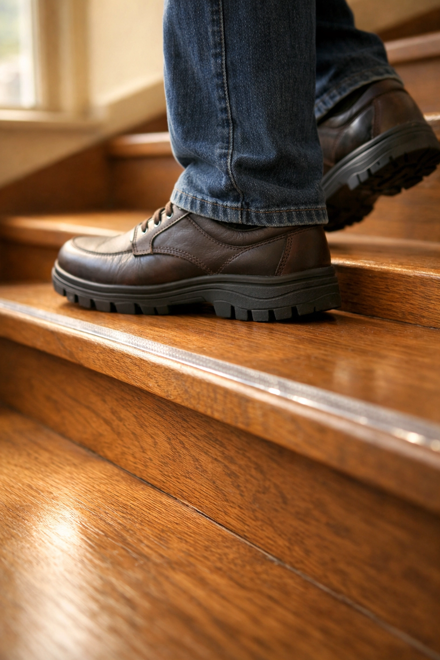 Person wearing supportive footwear walking down wooden steps with transparent anti-slip safety strips.