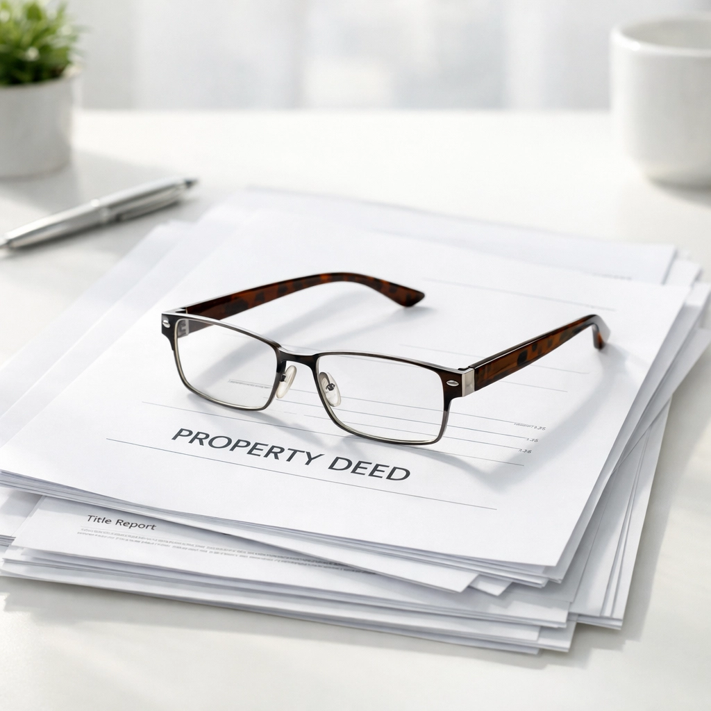 Detailed commercial title search documents and property deed on a sunlit desk for full title insurance review.