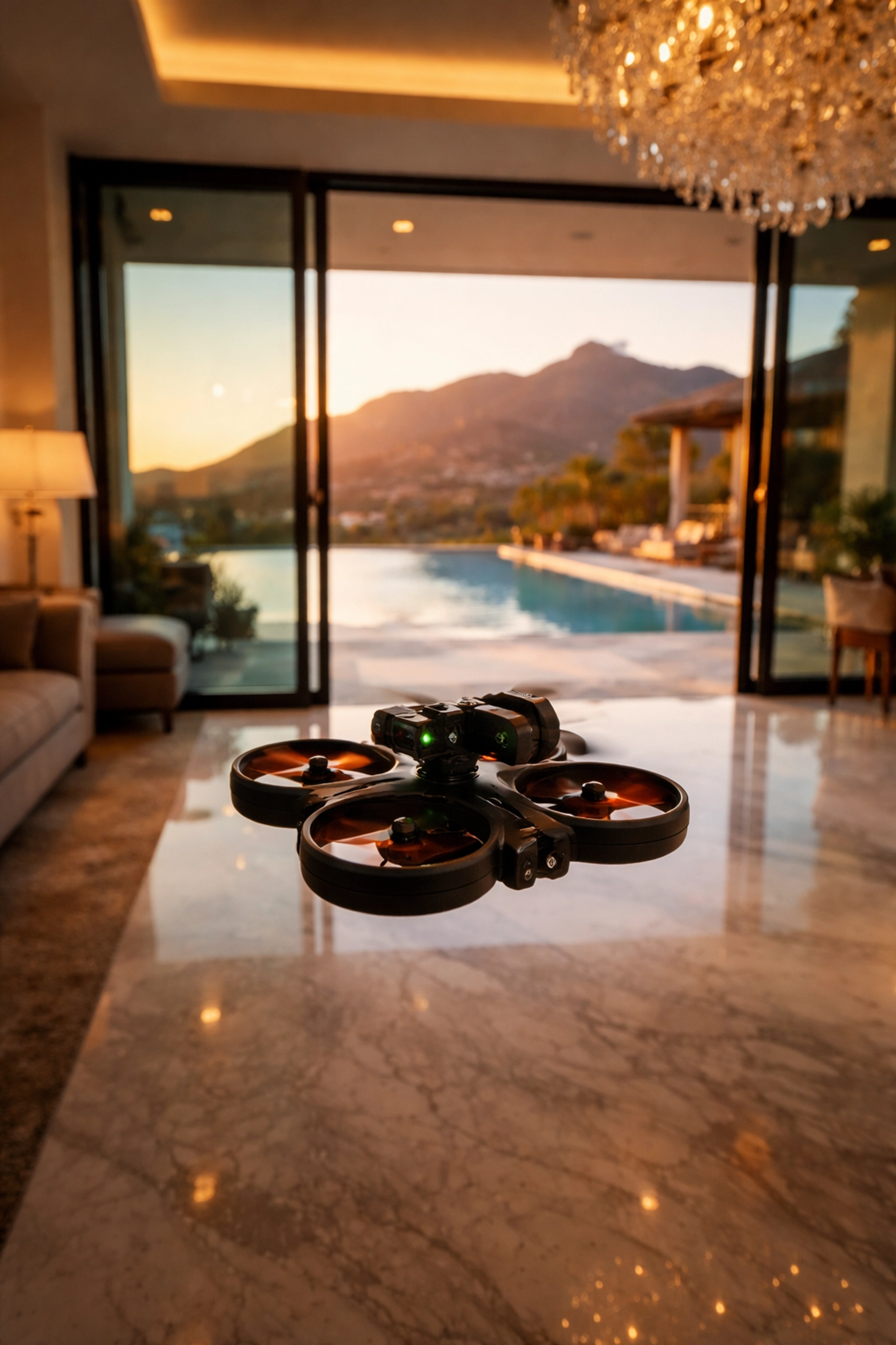 FPV drone flying inside a luxury mansion with an infinity pool and mountain views, showcasing real estate videography