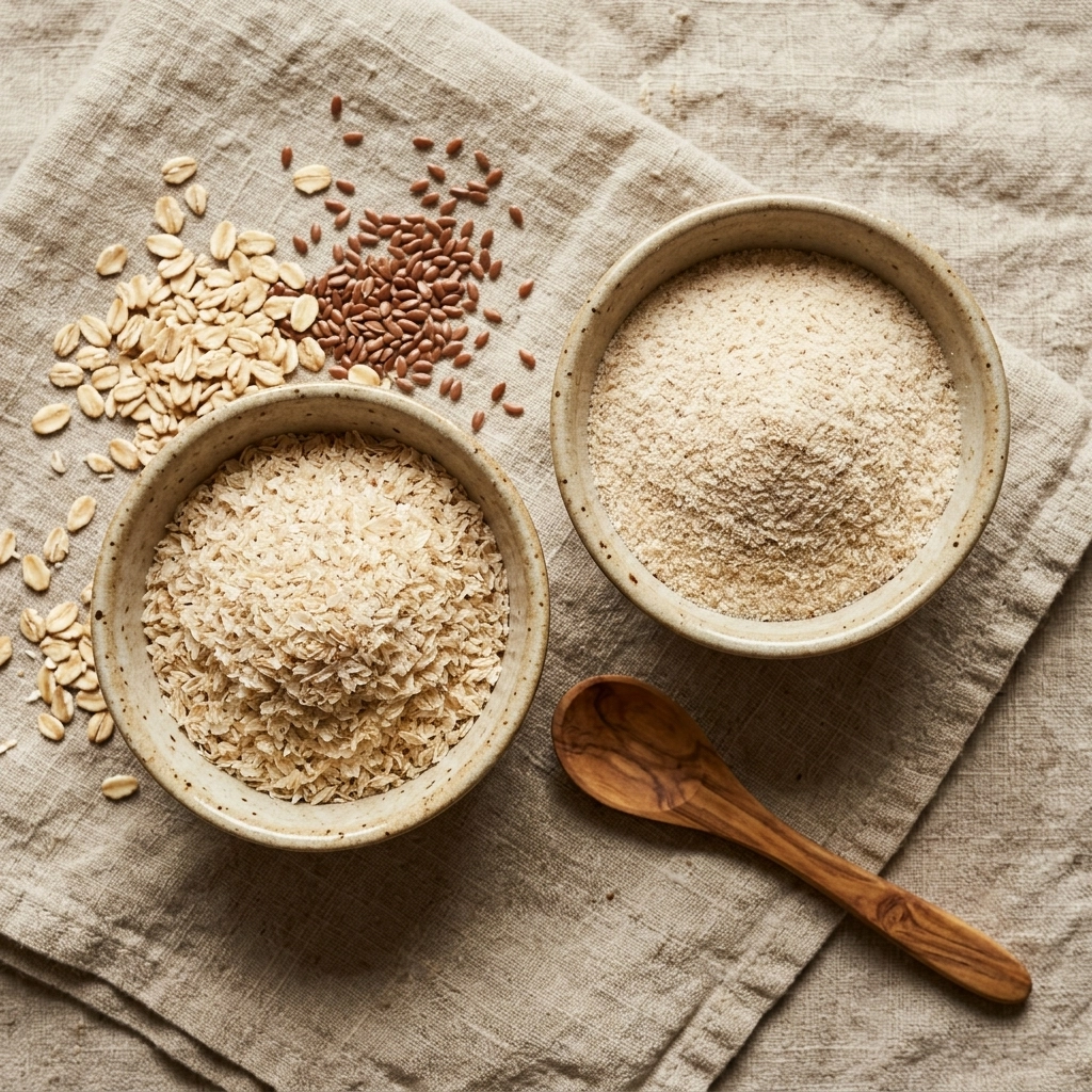 A close-up, top-down view of a small ceramic bowl containing blonde psyllium husk flakes and another bowl with fine psyllium powder.