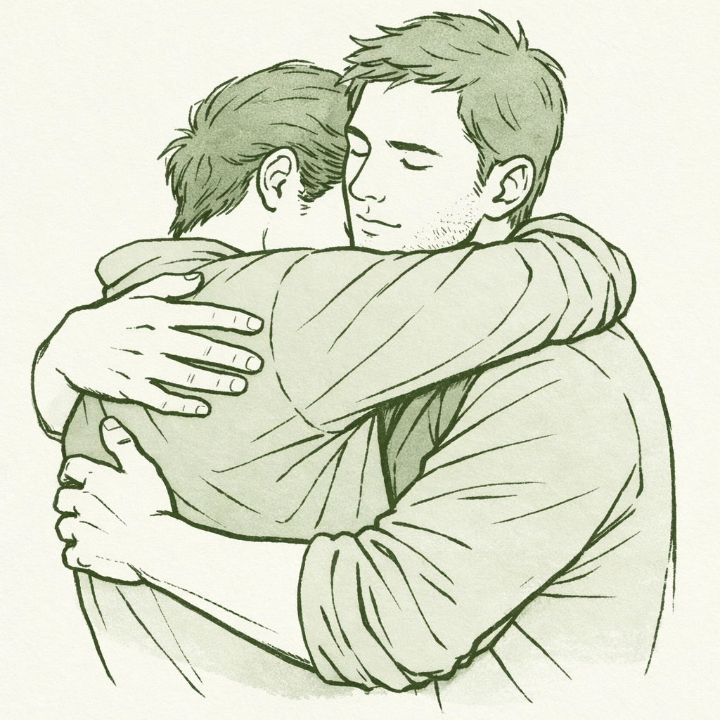 Protective embrace between gay romance partners - comfort and courage in MM relationship