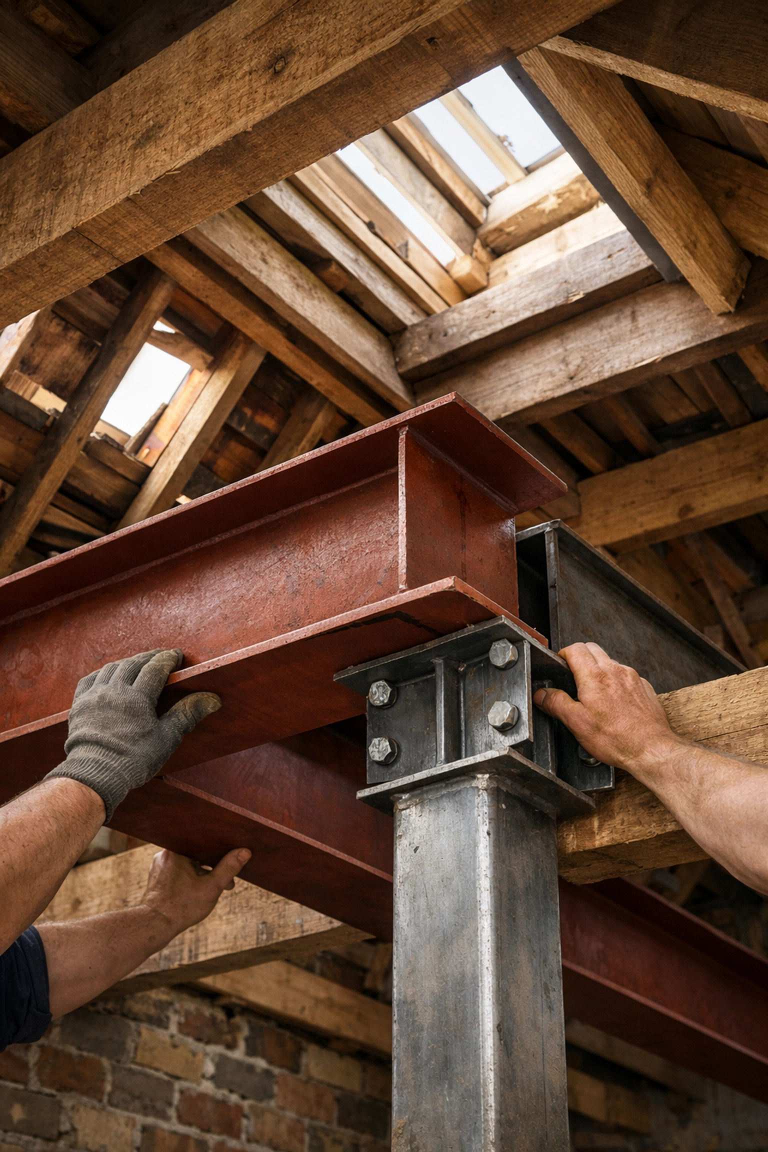 Structural steel beam installation during residential loft conversion project