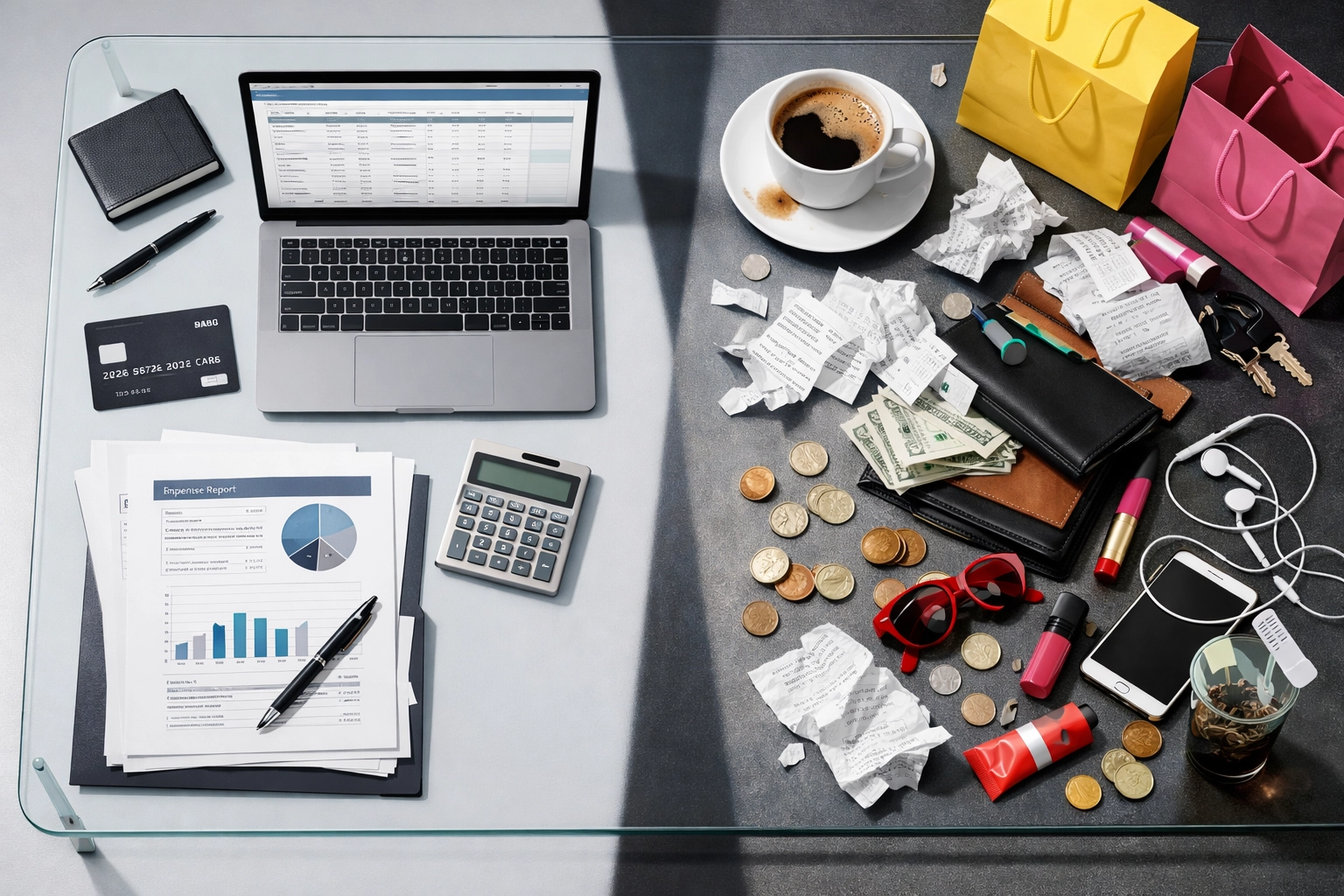 Organized business expenses separated from chaotic personal finances on a desk
