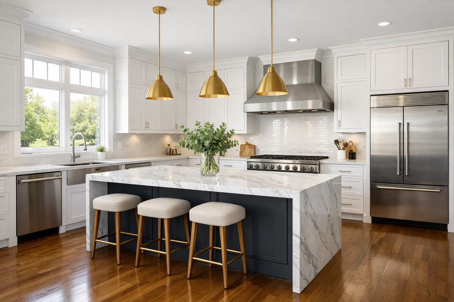 Modern kitchen remodel in Central Ohio featuring white cabinetry and a waterfall marble island.