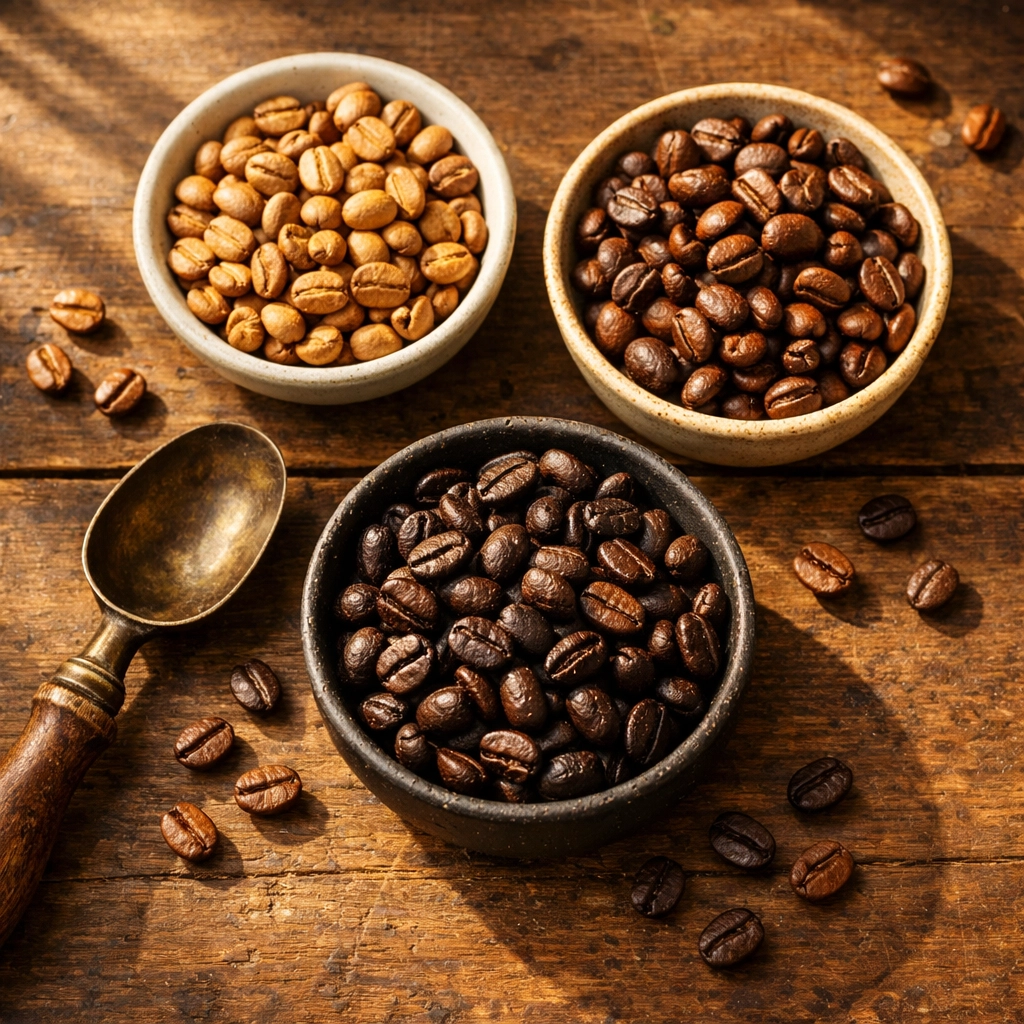 Light, medium, and dark roast coffee beans displayed in bowls showing roast level variations
