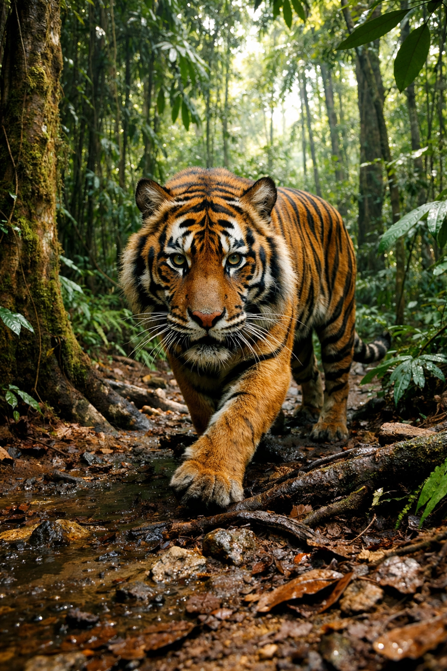 Authentic documentary photography of a Sumatran tiger in its natural jungle habitat.