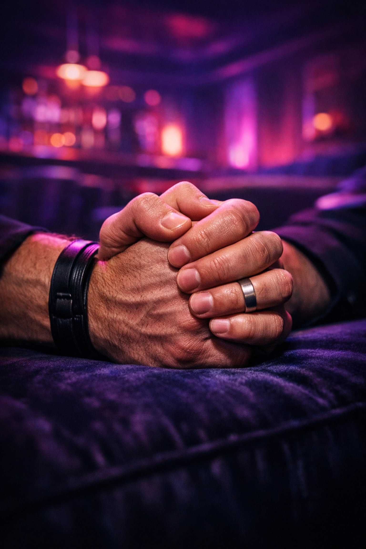Two men holding hands in a neon gay club lounge, symbolizing the trust and communication needed for exploring together.