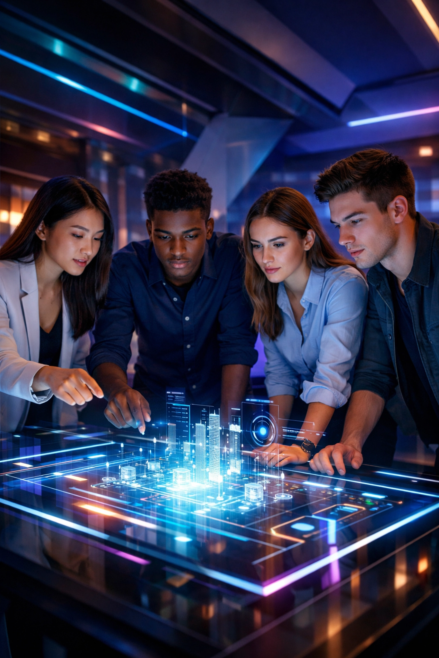 Diverse group of Gen Z students collaborating around a branded simulation pod for workforce development.