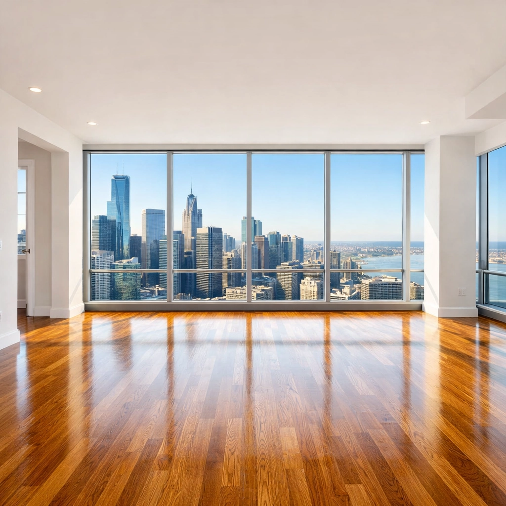 Pristine move-in ready luxury apartment in a Chicago high-rise featuring polished hardwood floors.