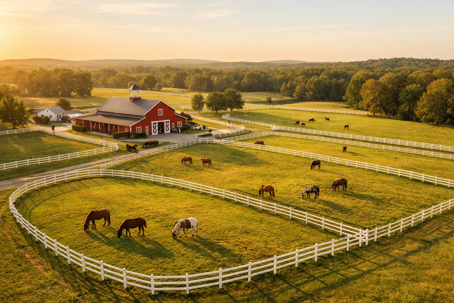 Aerial view of York County SC horse farm with white fenced pastures and barn at sunset