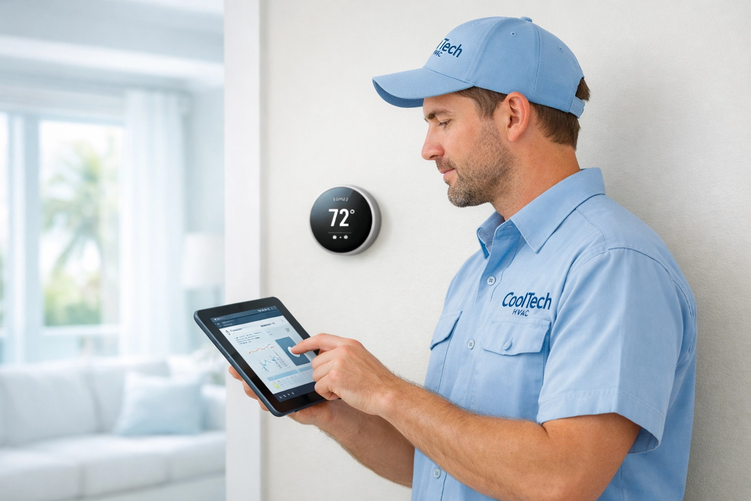 Licensed HVAC technician inspecting thermostat in Florida home