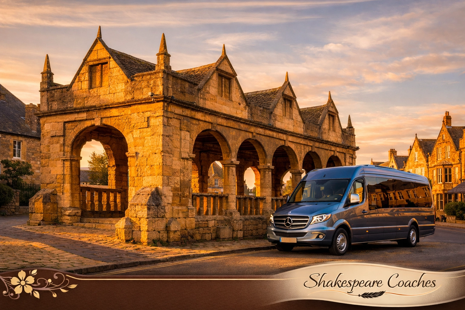 Chipping Campden Market Hall at golden hour with a Shakespeare Coaches Silver Blue Mercedes minibus parked beside it.