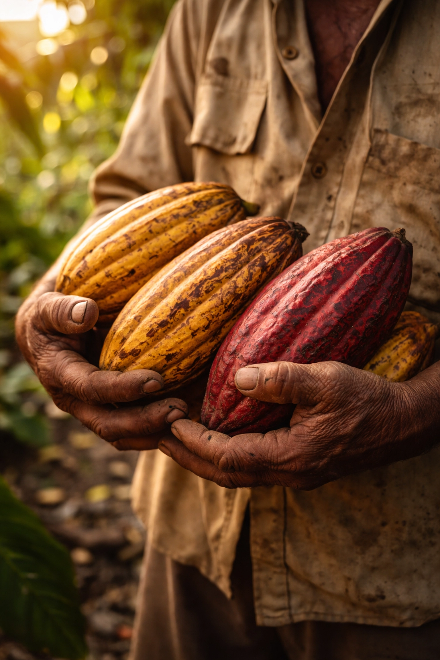 Weathered hands holding freshly harvested cacao pods on a cacao farm, showcasing ethical chocolate sourcing