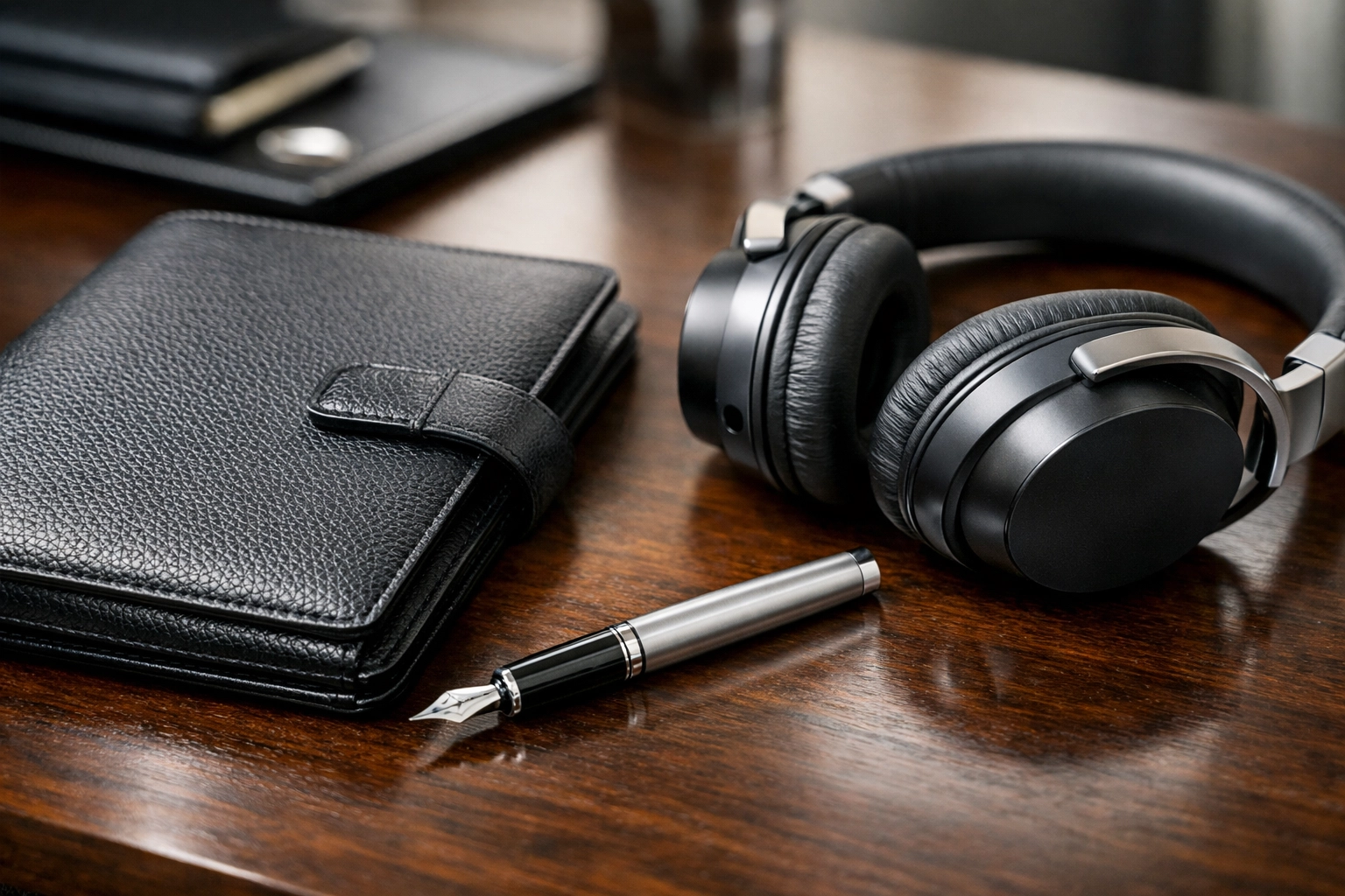 Premium corporate gift items like leather folios and headphones for exclusive VIP hospitality experiences.