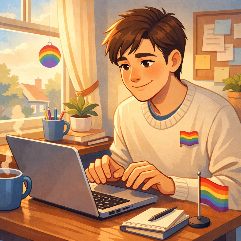LGBTQ+ author writing first gay romance novel on laptop in home workspace