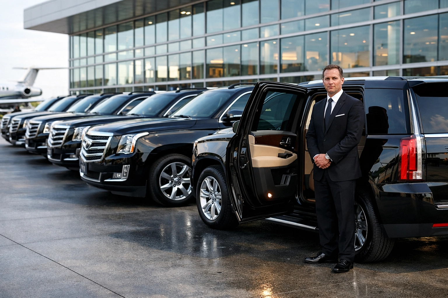 Fleet of black luxury SUVs and a professional chauffeur for elite Super Bowl executive transportation.