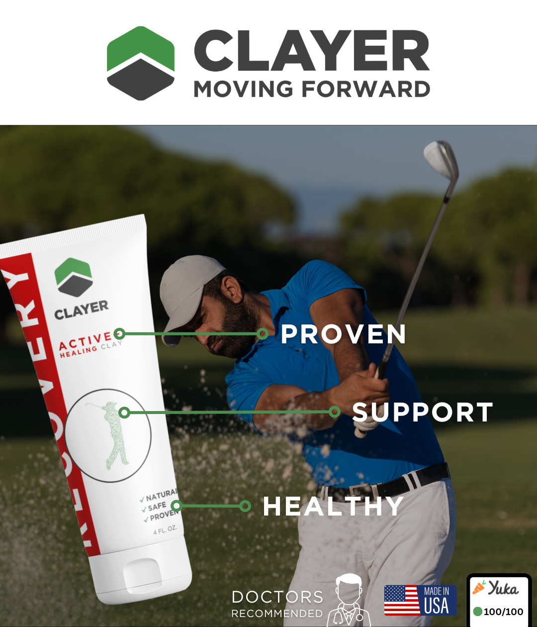 Golfer Swinging on Course with CLAYER Active Healing Clay