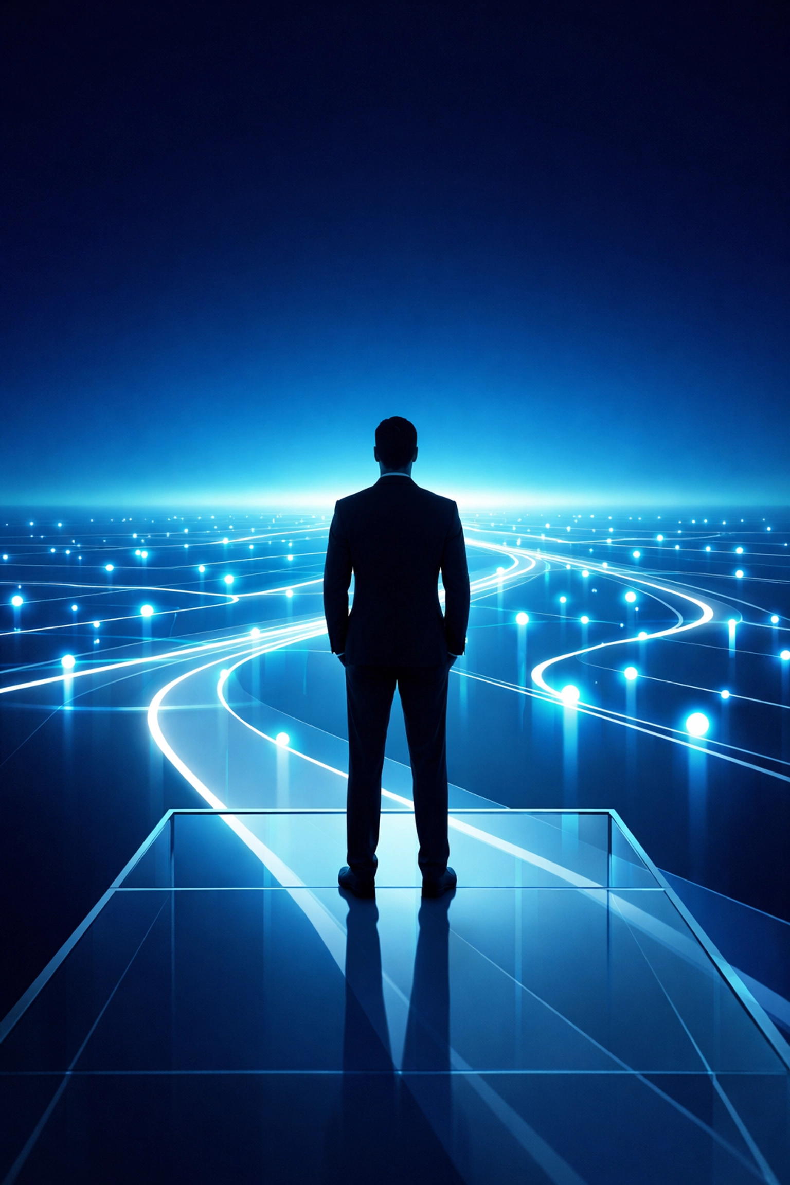 Silhouette of a business leader navigating a digital data network, illustrating AI-powered strategic oversight.