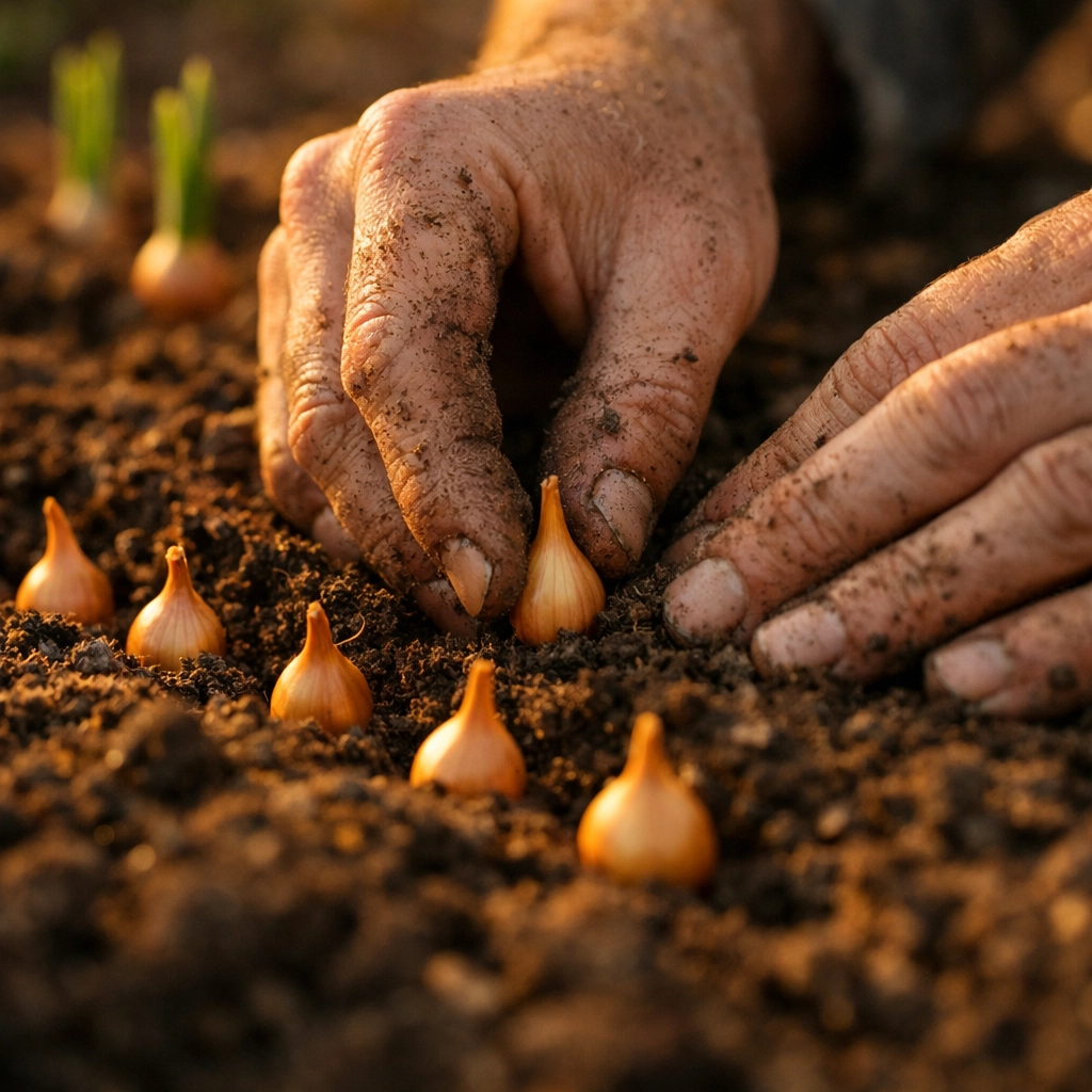 Gardener's hands planting small onion sets into prepared garden soil
