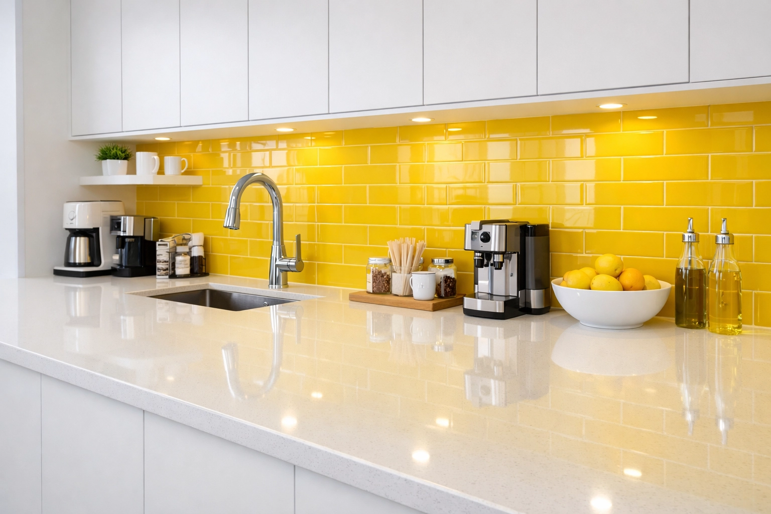 Dust-free commercial cleaning in a Leominster kitchenette with polished quartz countertops and yellow tiles.