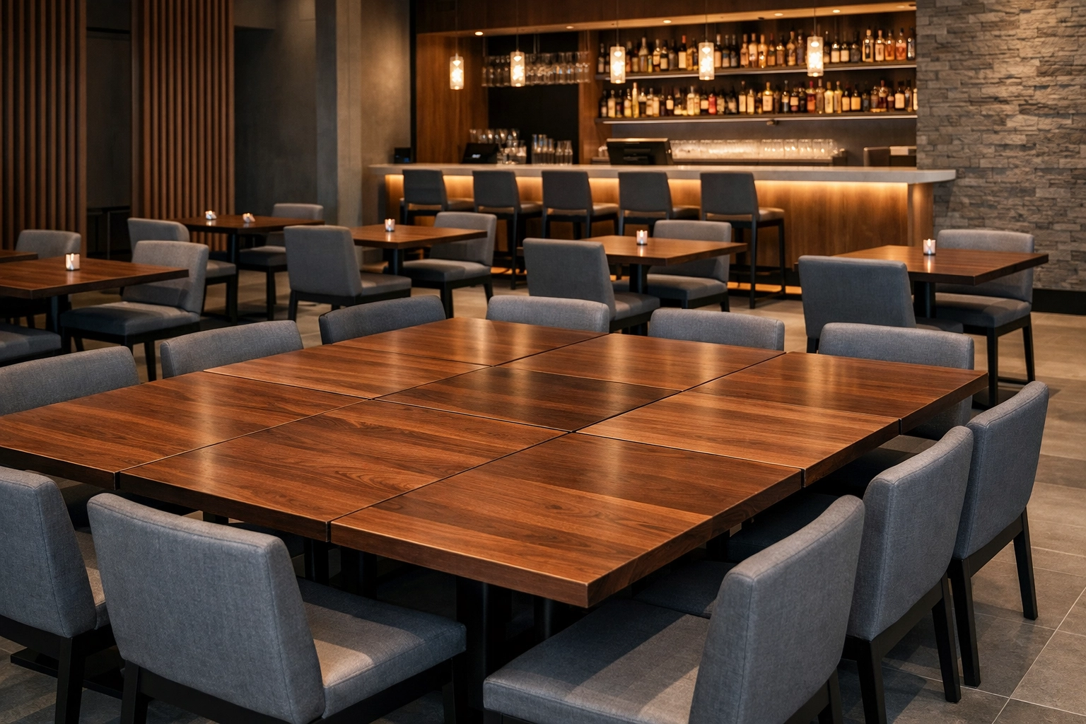 Modular walnut restaurant tables and custom gray chairs showcasing a flexible commercial dining layout.