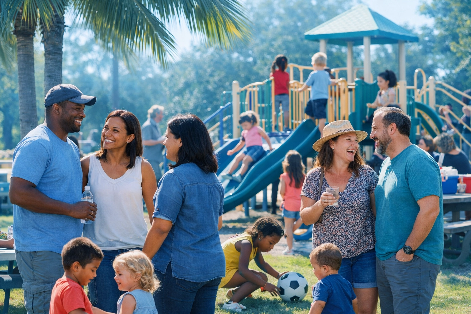 Diverse families gathering at a Lehigh Acres community park in Southwest Florida