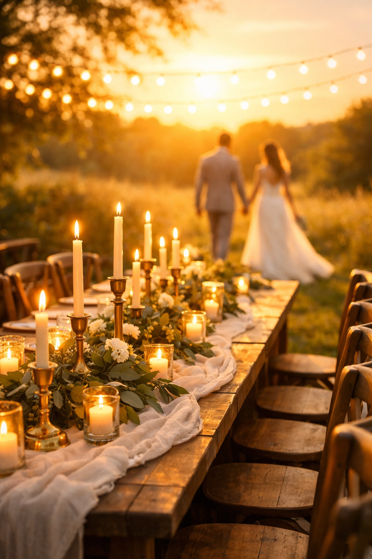 Dreamy outdoor wedding reception set for a debt-free celebration during sunset.